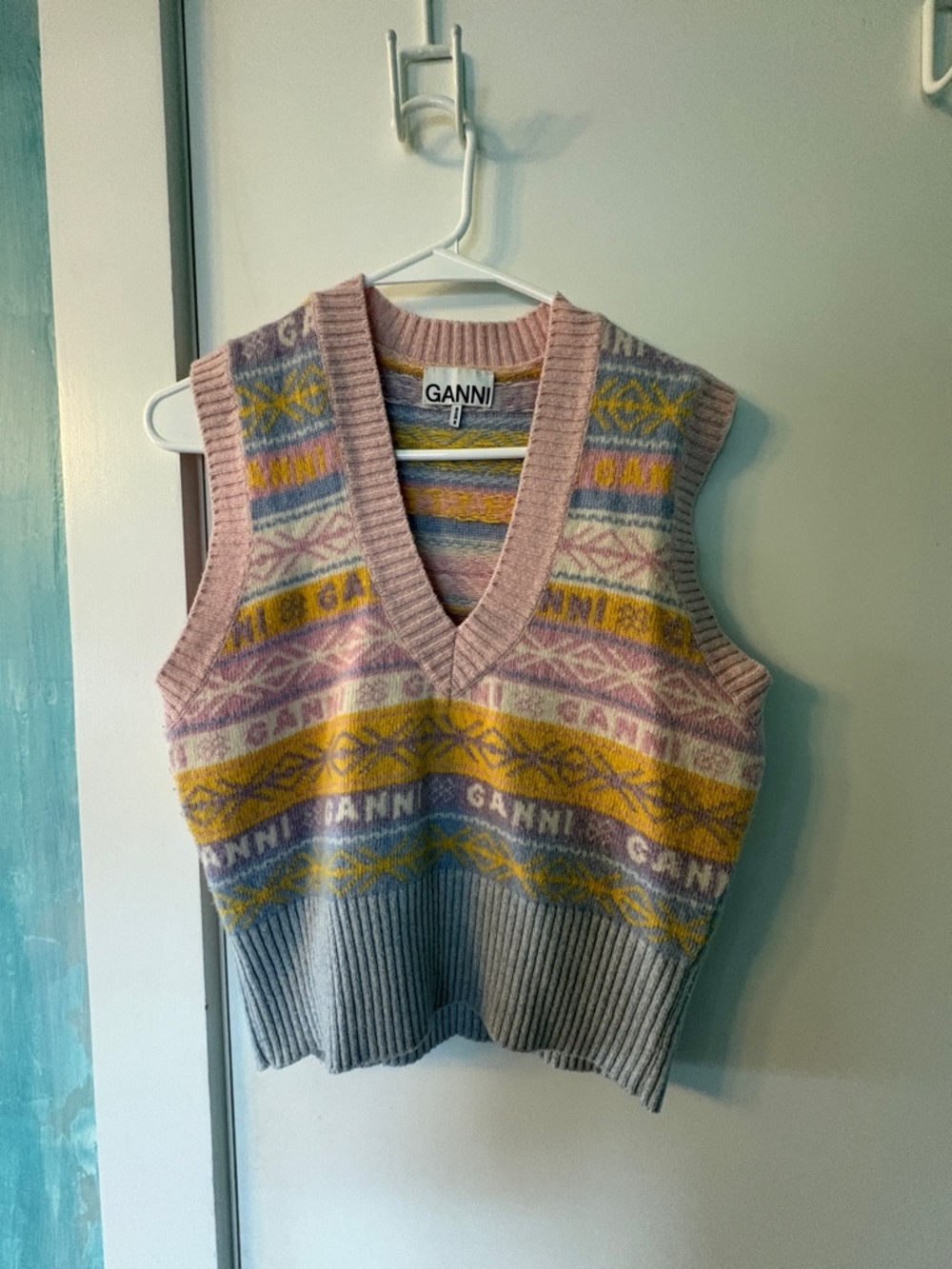 Ganni Pastel Fair Isle Knit Vest in Pink, Blue & Yellow